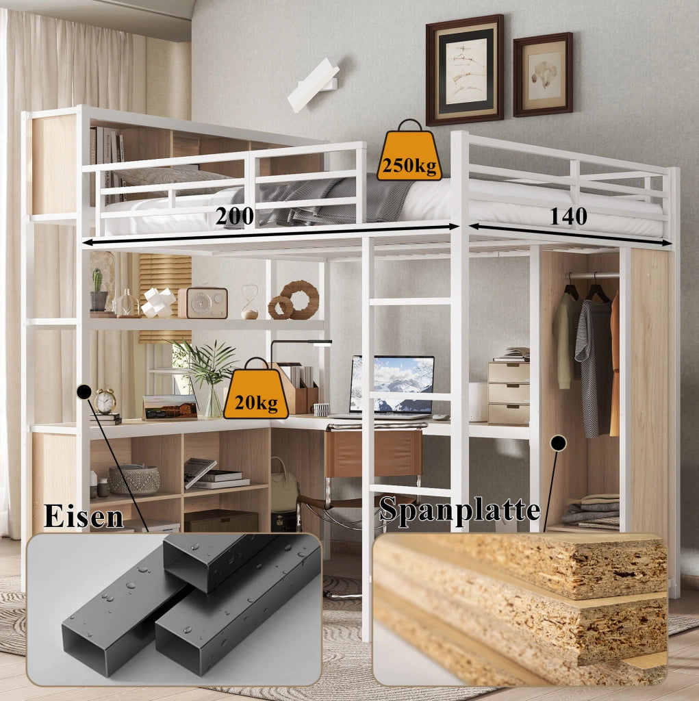 Letto a soppalco 140x200 cm con scrivania e armadio