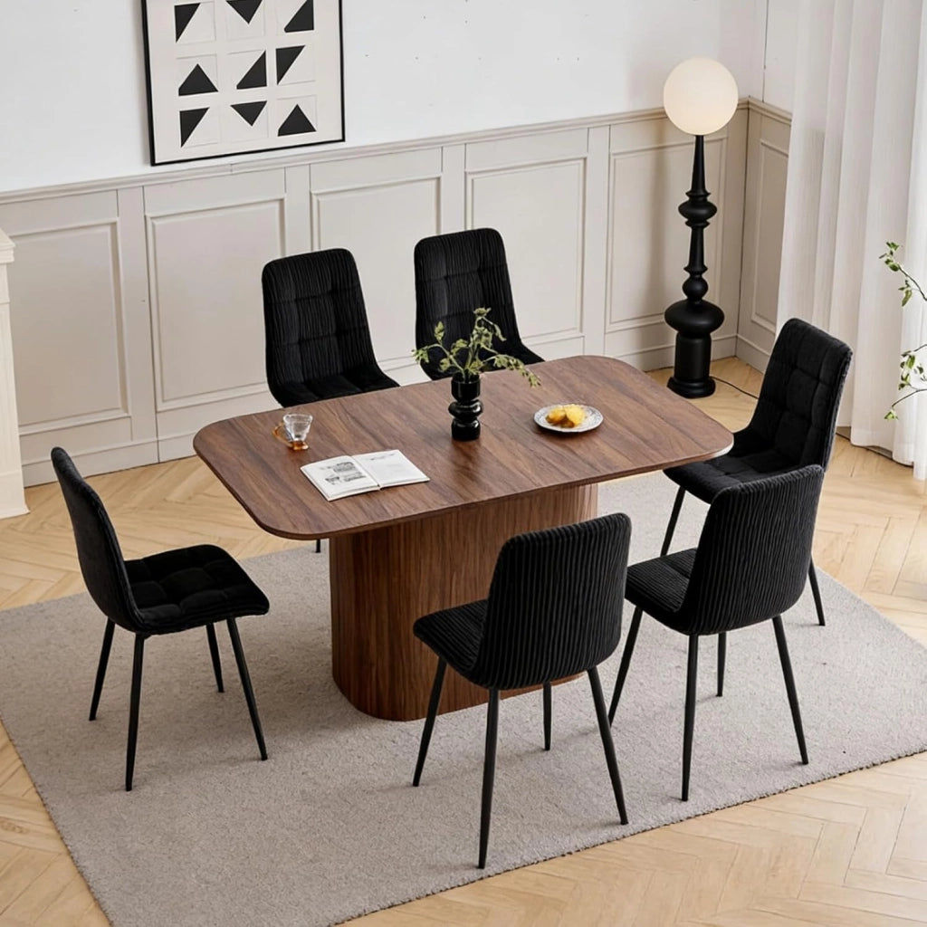 GrandCA HOME Set da Pranzo 6 Sedie in Velluto a Coste Nero e un Tavolo Rettangolare 160x90 — Ideale per Cucine e Soggiorni (Impiallacciatura di Noce)