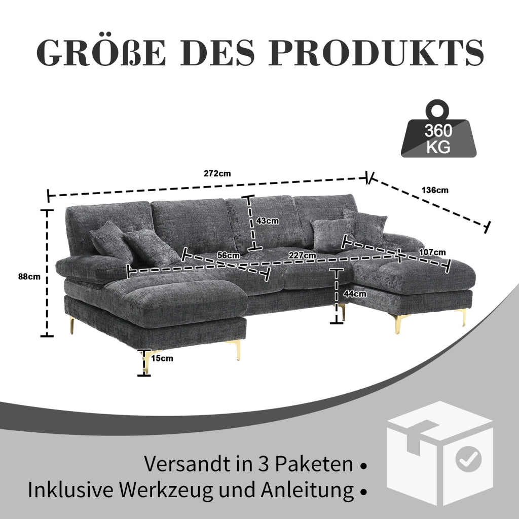 DIVANO ANGOLARE A U 272x136x88 cm Chenille Grigio con 2 posizioni relax