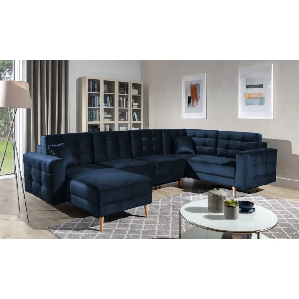 Divano angolare panoramico convertibile U HASGARD 326 cm blu notte velluto con contenitore