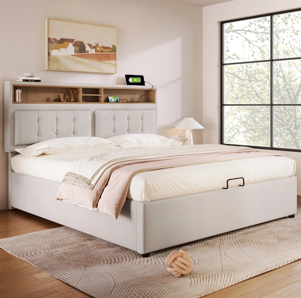 Letto imbottito ULEVR 140x200 cm con contenitore, testiera regolabile, prese USB e Type-C, lino beige