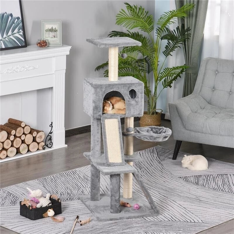 ALBERO TIRAGRAFFI ACCESSORIATO CON CUCCIA LETTINO SOSPESO E 2 PEDANE IN PELUCHE GRIGIO