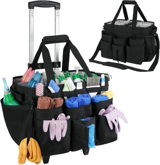 Organizzatore per la pulizia, grande organizzatore per strumenti di pulizia con carrello rimovibile/manubrio rimovibile/divisori rimovibili/altezza regolabile, borsa portatile per strumenti di pulizia per auto, giardino, nero (solo borsa)