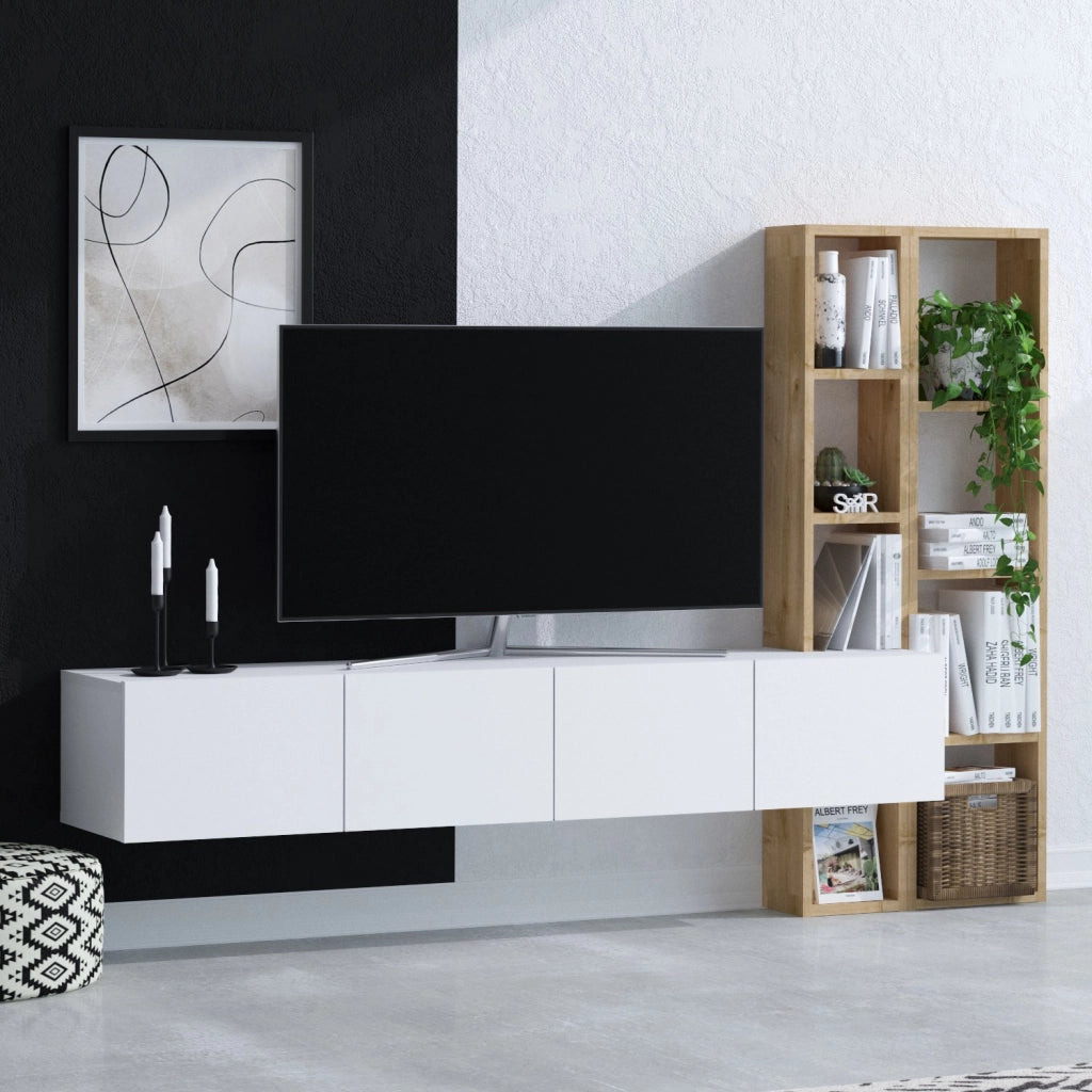 Porta TV in legno "Pana" - 182 x 32 x 25 cm - Bianco, Rovere