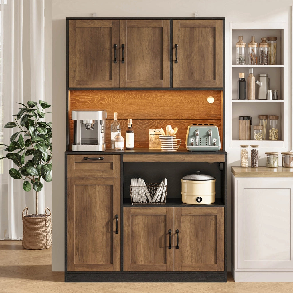 Mobile da cucina con LED RGB; prese USB e ripiani regolabili 110x40x180 cm; MDF naturale e nero