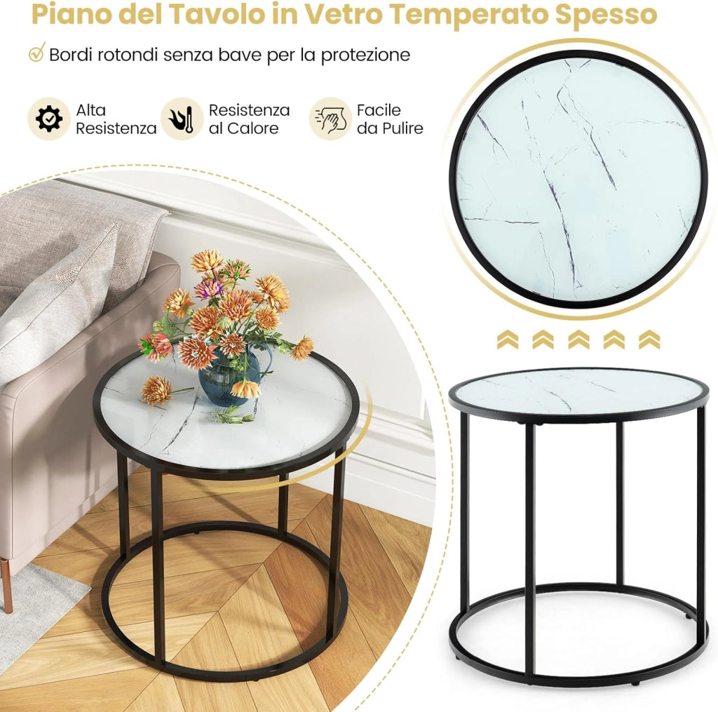 Tavolino da Salotto in Vetro, Tavolino Rotondo con Struttura in Metallo e Piano in Vetro Effetto Marmo, Tavolino da Caffè Moderno per Soggiorno, Camera da Letto e Balcone