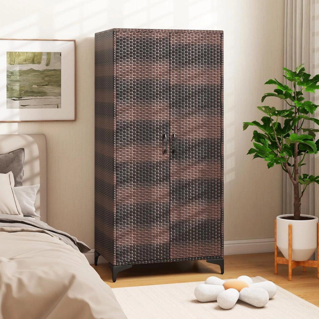 Armadio da giardino in rattan, con 5 ripiani e mensola sospesa, armadio per attrezzi con doppie porte, 72 x 50 x 157 cm (marrone misto)