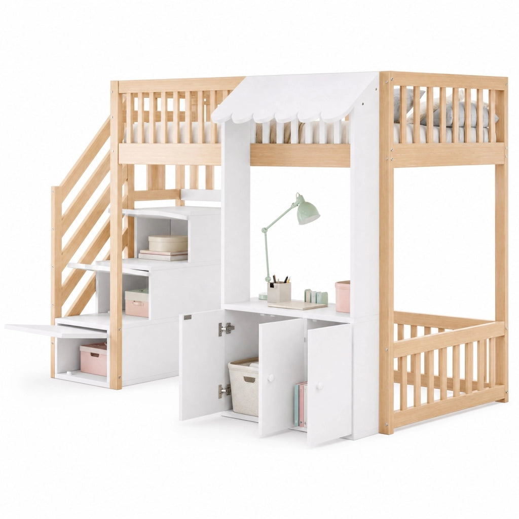 Letto a soppalco singolo 90x200 cm in legno colore legno; con scala contenitore e LED