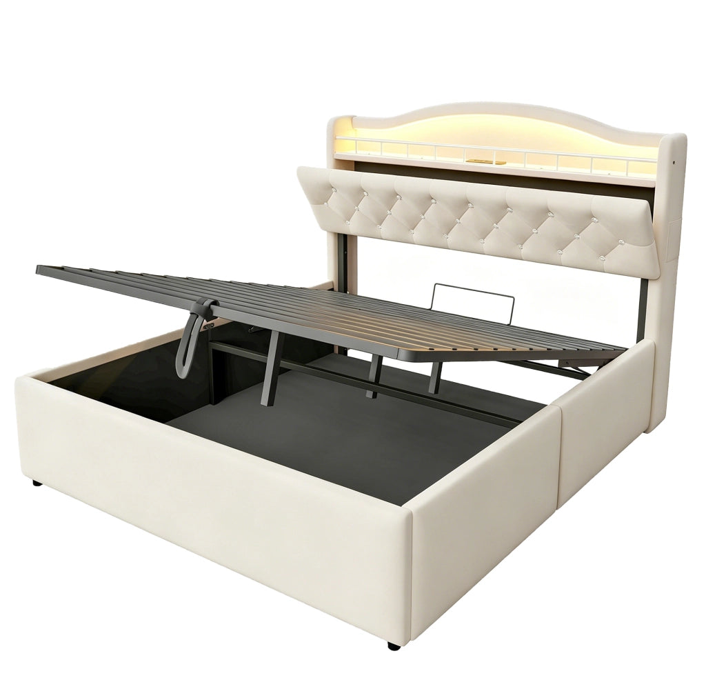 Letto imbottito 140x200 cm con contenitore idraulico; ricarica USB e USB-C; beige