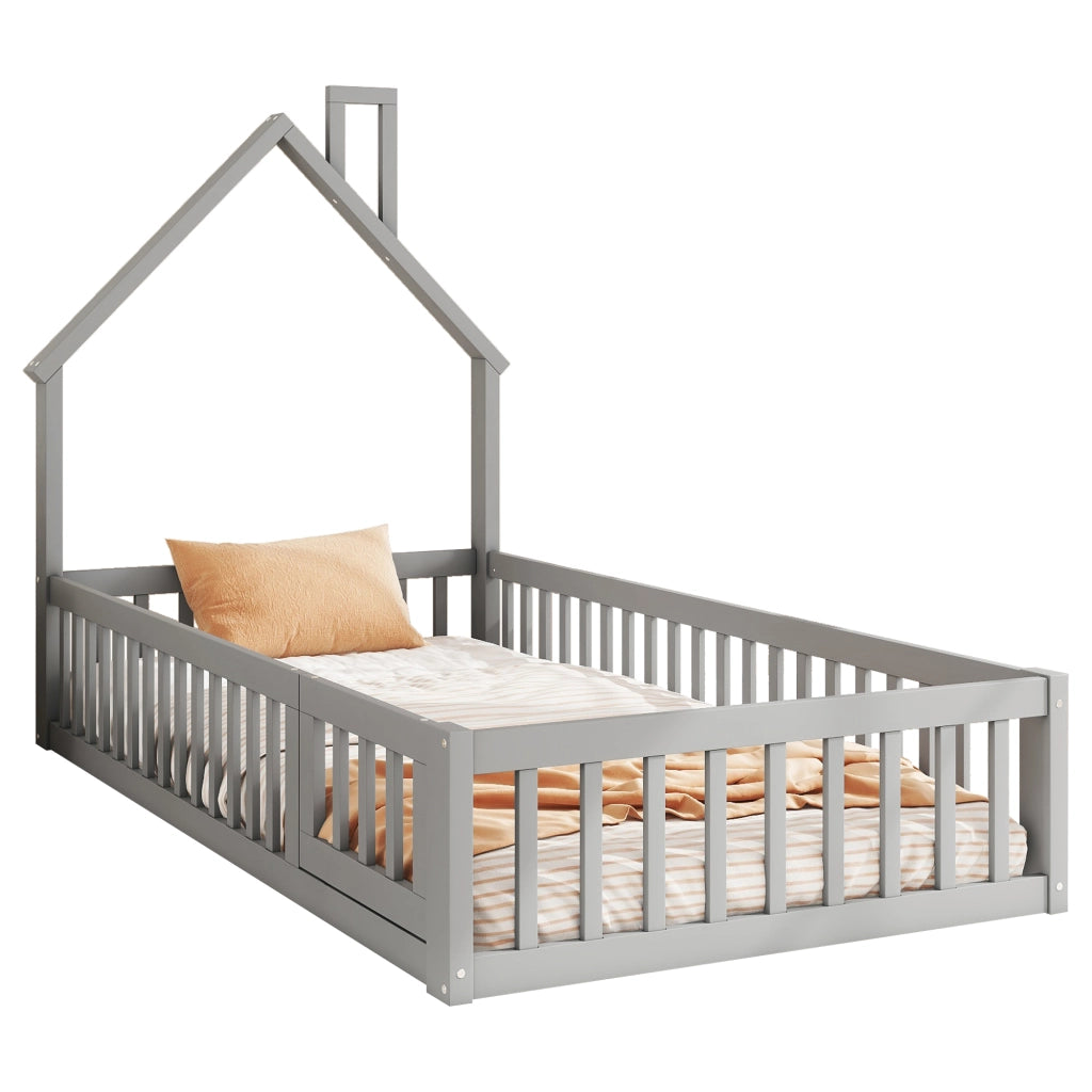 Letto a castello grigio con struttura a camino in pino 90x200 cm con rete a doghe