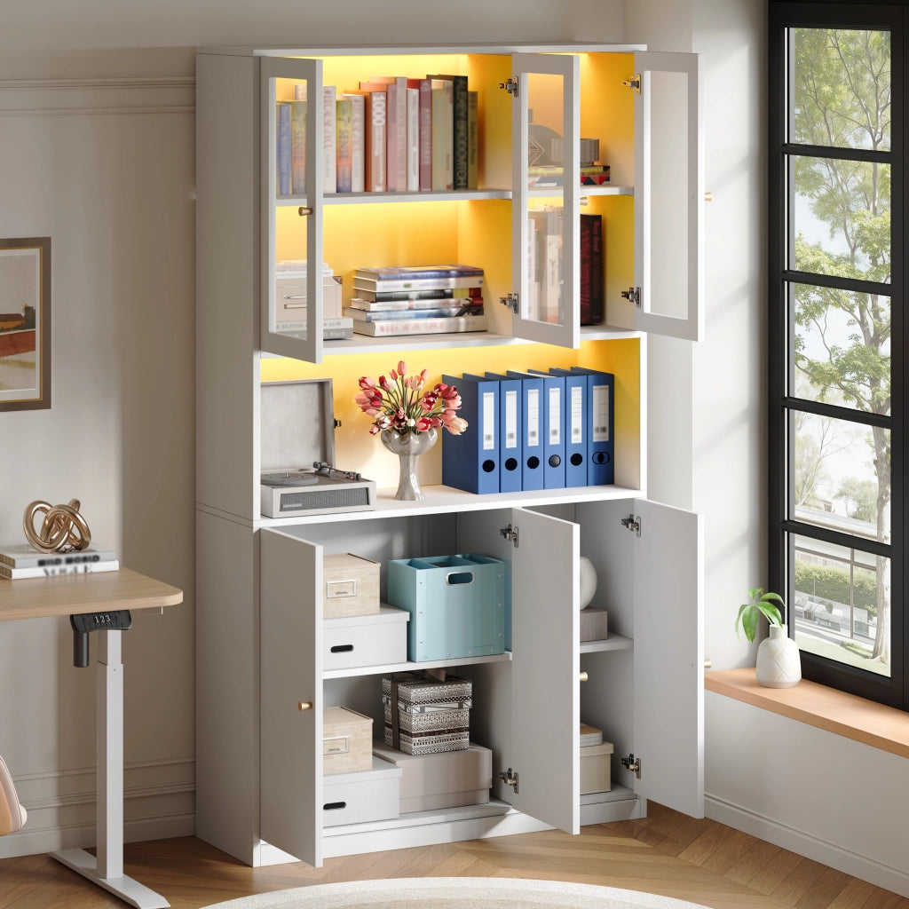 Libreria alta 100×35×200 cm con vetrina in vetro, LED multicolore, vani aperti e 3 ante, bianco