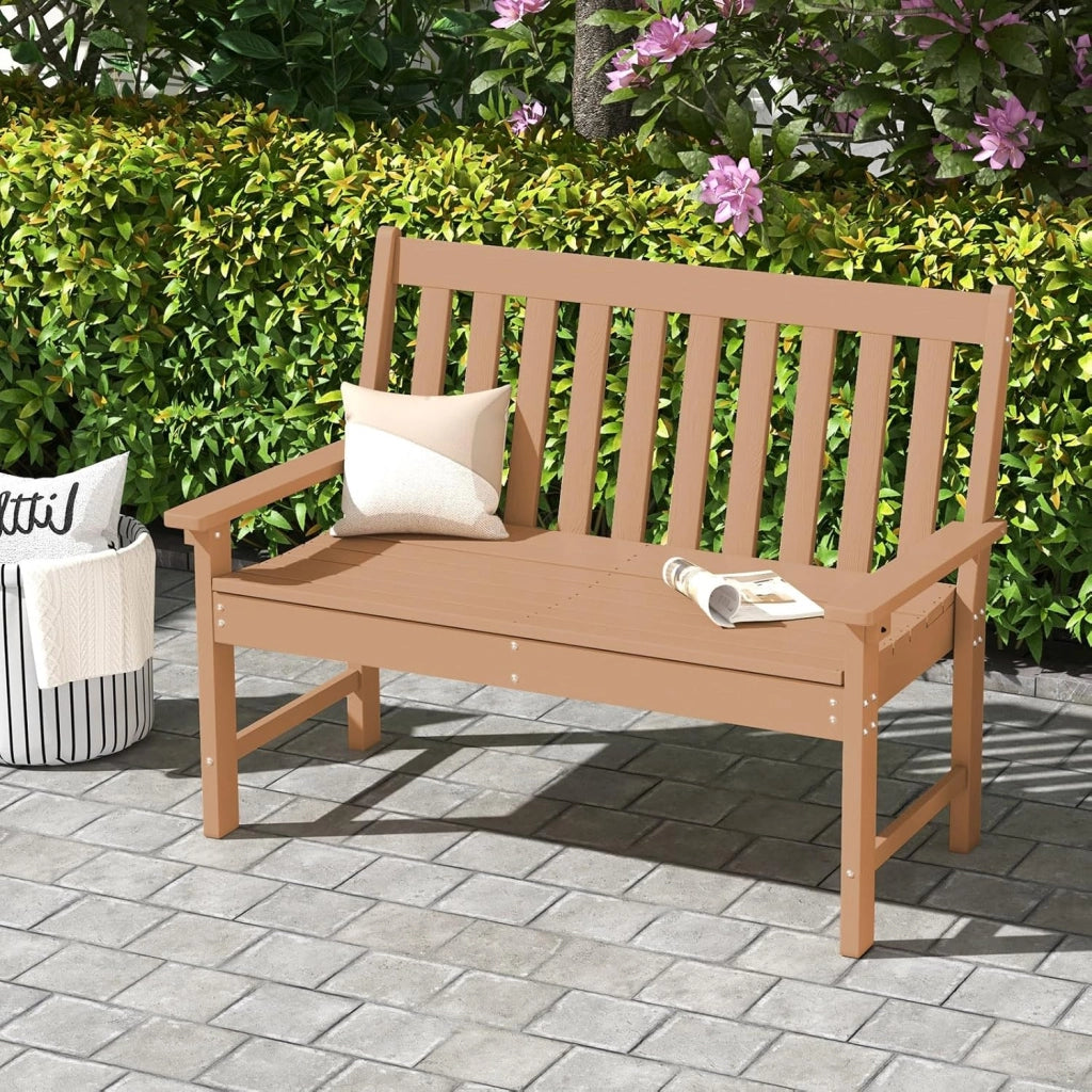 GIANTEX Panca da giardino per 2 persone, panca da parco in plastica con schienale alto, panca da esterno, resistente alle intemperie, per giardino, patio, terrazza, 132 x 65 x 91 cm