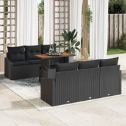 Set da Pranzo da Giardino da 7 Pezzi con Cuscini Nero Poly Rattan Acacia