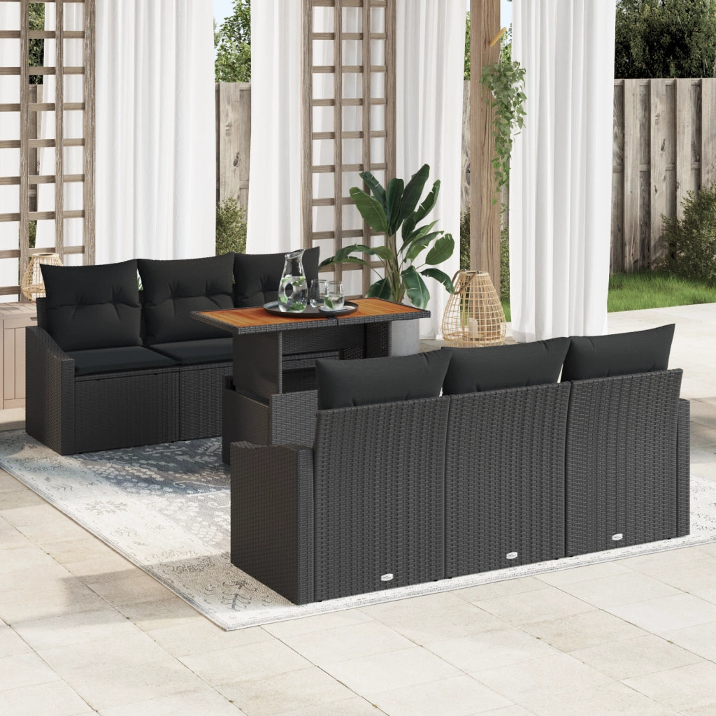 Set da Pranzo da Giardino da 7 Pezzi con Cuscini Nero Poly Rattan Acacia