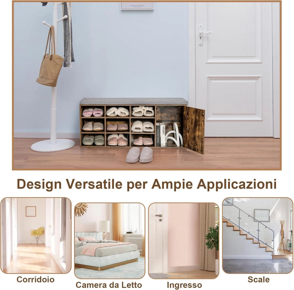 Panca Scarpiera da Ingresso, Scarpiera con Seduta Imbottito, 9 Scomparti e Armadio con Ante, Panca Contenitore con Ripiani Regolabili, per Camera da Letto Corridoio, 110,5x30x49 cm (Marrone)
