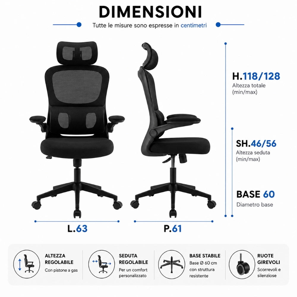 Sedia da Scrivania Ufficio ergonomica Con Poggiatesta imbottita Schienale a rete Nera BUDAPEST