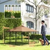 Recinto per Cani in Metallo e Tessuto Oxford con Porticina per Ciotole, 211x211x151 cm, Nero e Marrone