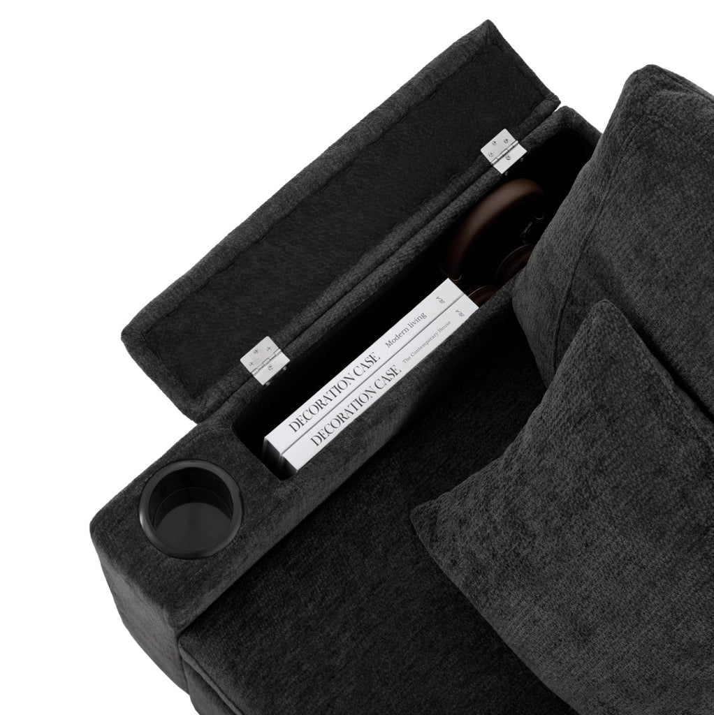 Divano letto angolare a destra con contenitore e USB 206;5x141x86 cm in ciniglia grigio scuro