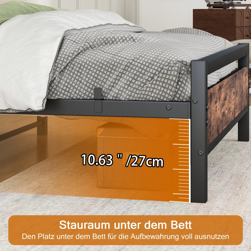 LETTO 140x190 cm in MDF e Metallo con rete a doghe, stile industriale, marrone
