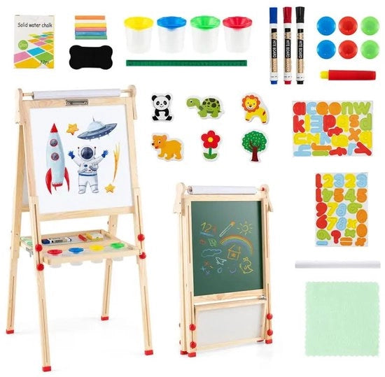 Ezel per bambini 3 in 1 con ruota di carta, 2 facce, pieghevole in legno