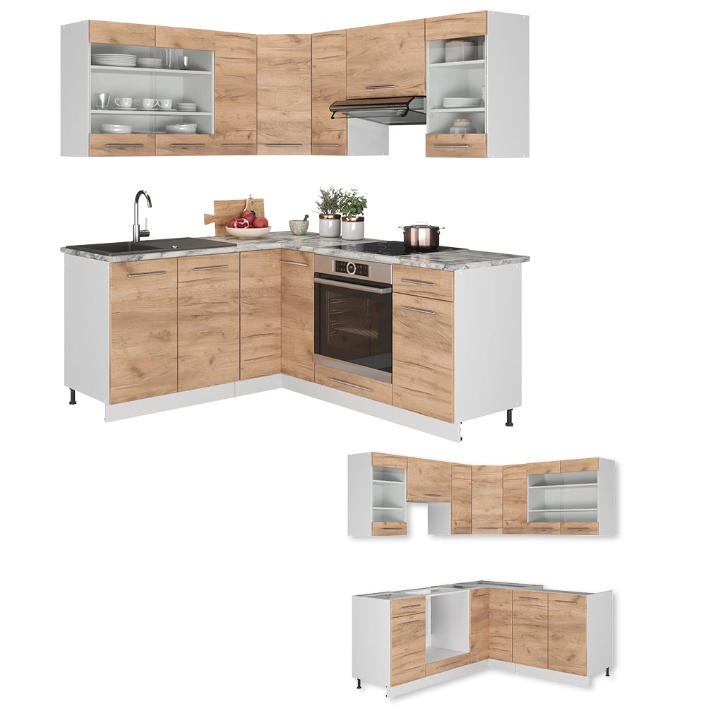 Cucina angolare completa Fame-Line Rovere dorato/Bianco 190 x 160 cm, PL Marmo Vicco