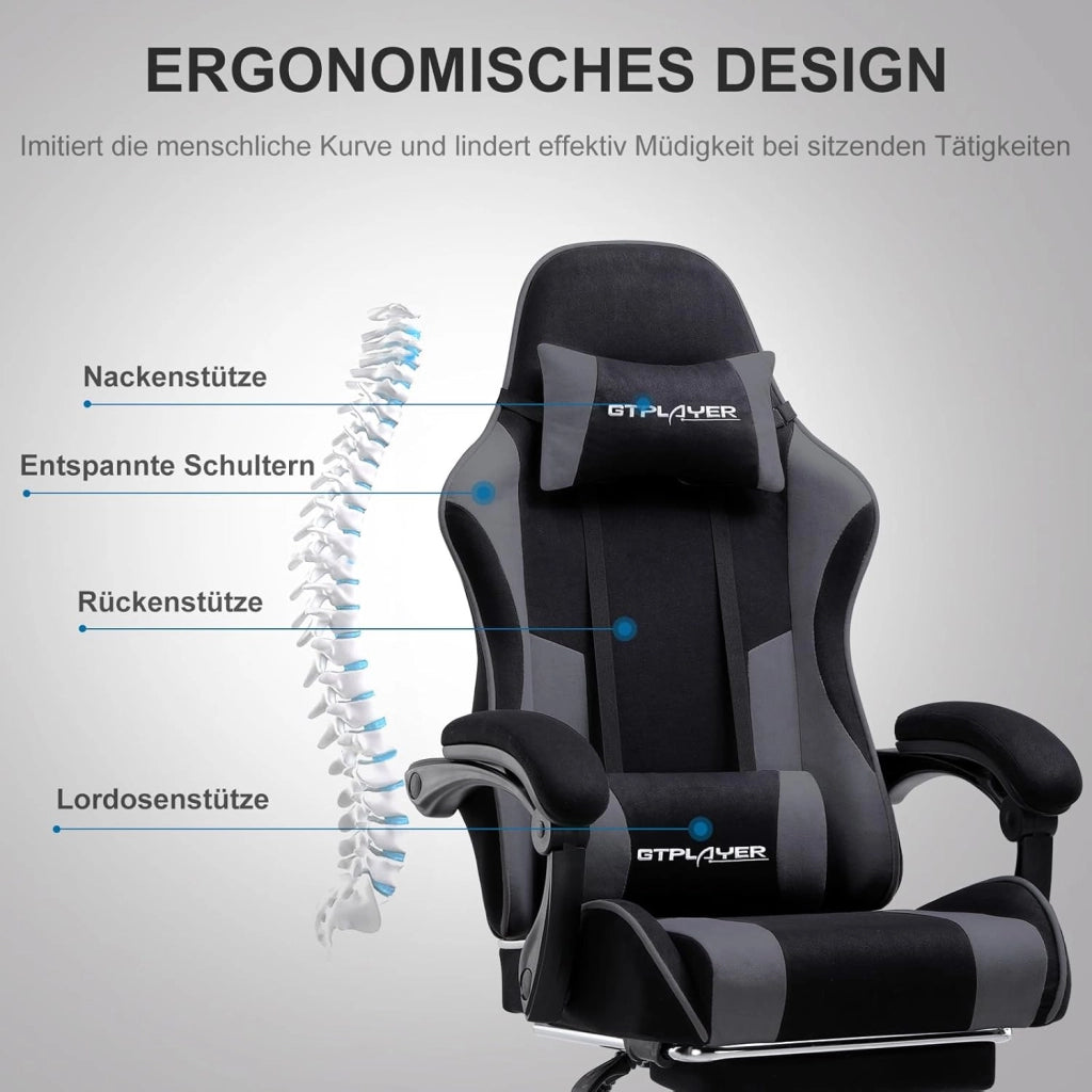 Sedia da gaming, in tessuto, da ufficio, da gioco, ergonomica, con poggiapiedi, per massaggi, cuscino lombare, imbottito, sedia da gioco, sedia girevole, grigio