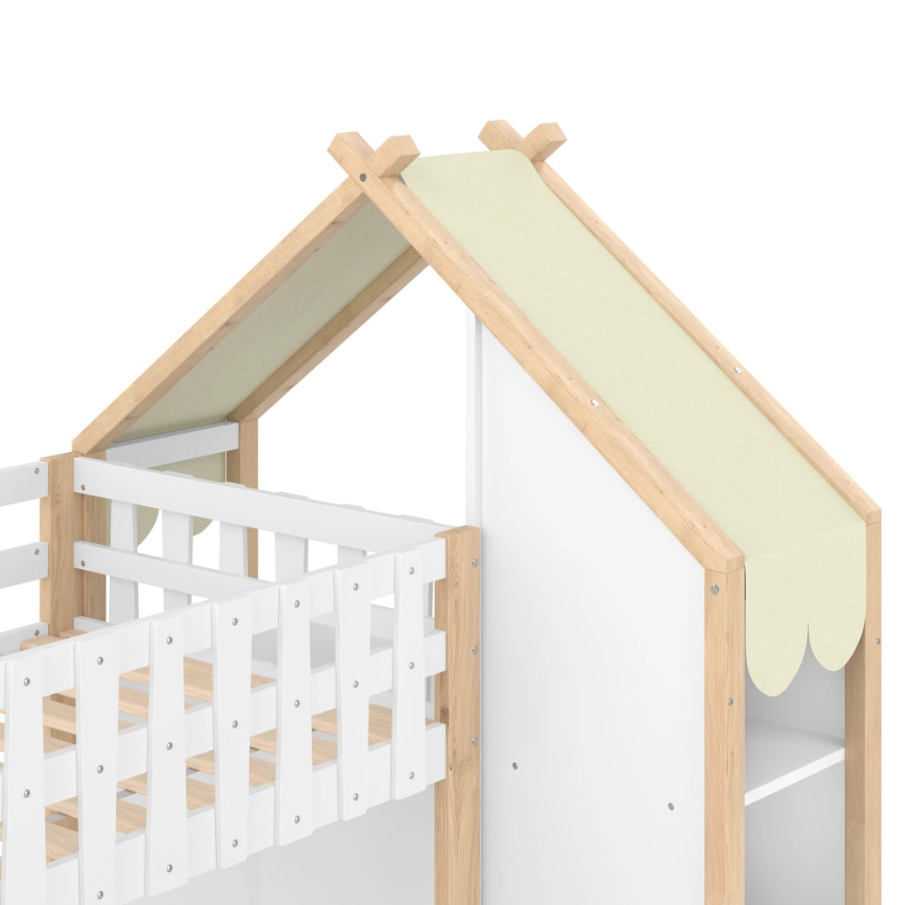 Letto a castello per bambini 90x200 cm + 140x200 cm con scala; 2 cassetti e contenitori; bianco e naturale