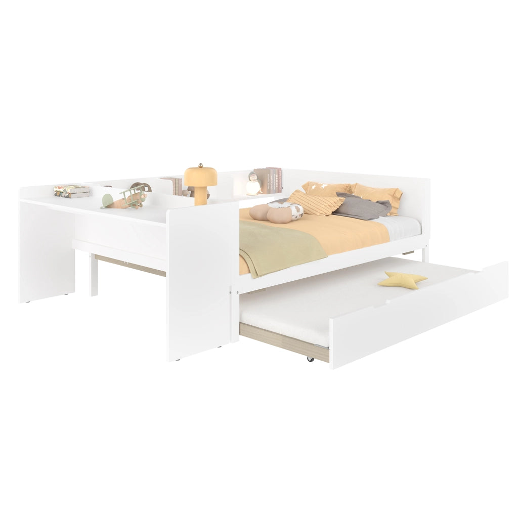 Letto a castello con scrivania e letto estraibile in pino e truciolare bianco 140x200 cm