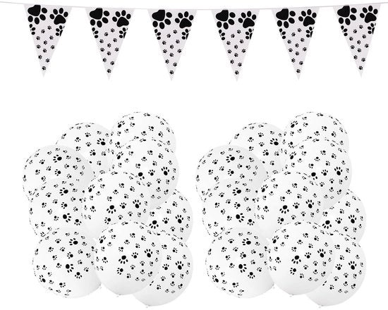 Set di palloni per festa - 20 pezzi - Palloni con impronta di zampa - Set di decorazioni per festa - Impronta di zampa di cane - Palloni in lattice - Striscia da tenda nera/bianca - Palloni per festa
