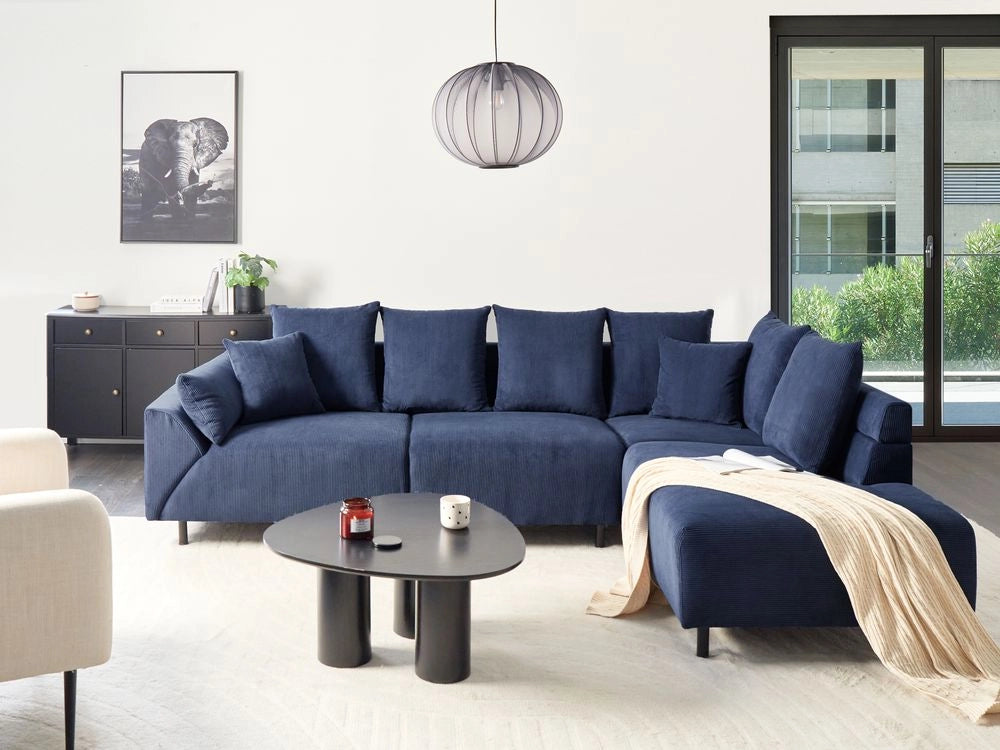 Divano ad angolo in velluto a coste blu e gambe in metallo design retrò stile moderno
