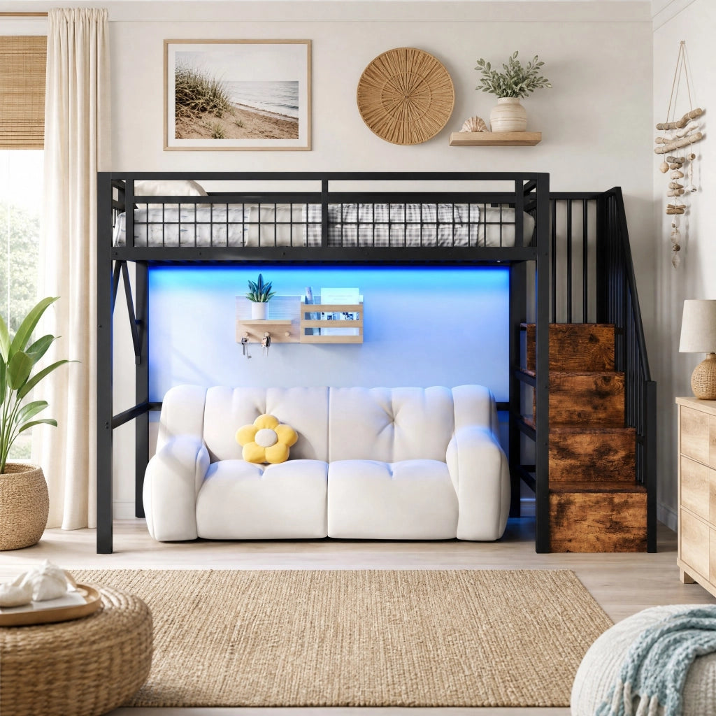 Letto a soppalco 90 × 200 cm con scala contenitore e barra LED in metallo e MDF nero