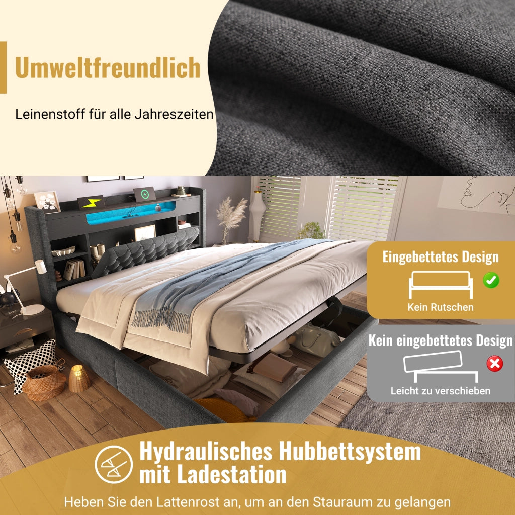 LETTO Contenitore 180x200 cm in lino grigio con LED e porte USB
