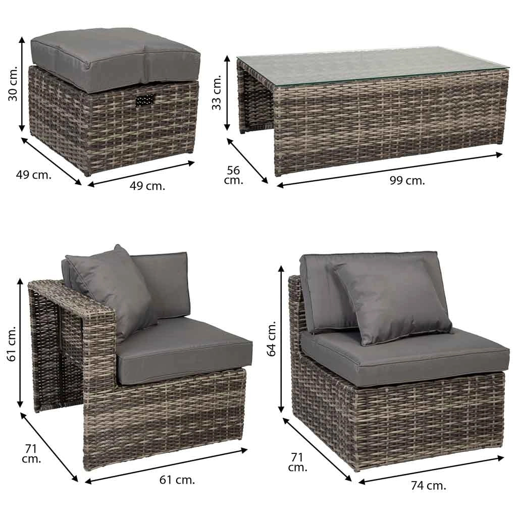 Set tavolo grigio, divano, 2 poltrone e 2 poggiapiedi