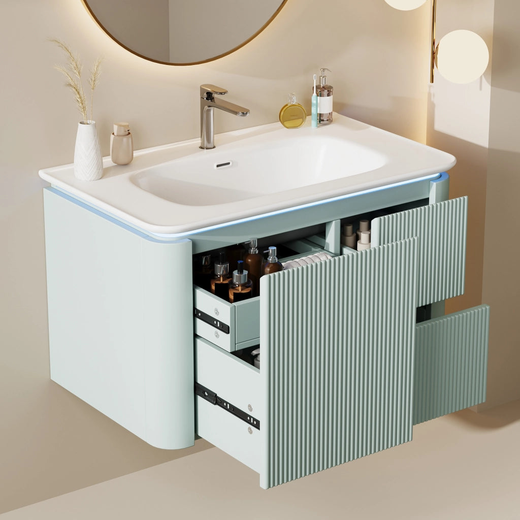 Mobile sottolavabo con LED, lavabo in ceramica e 4 cassetti, per bagno, in MDF e ceramica, verde, 80,5 × 47,5 × 51 cm