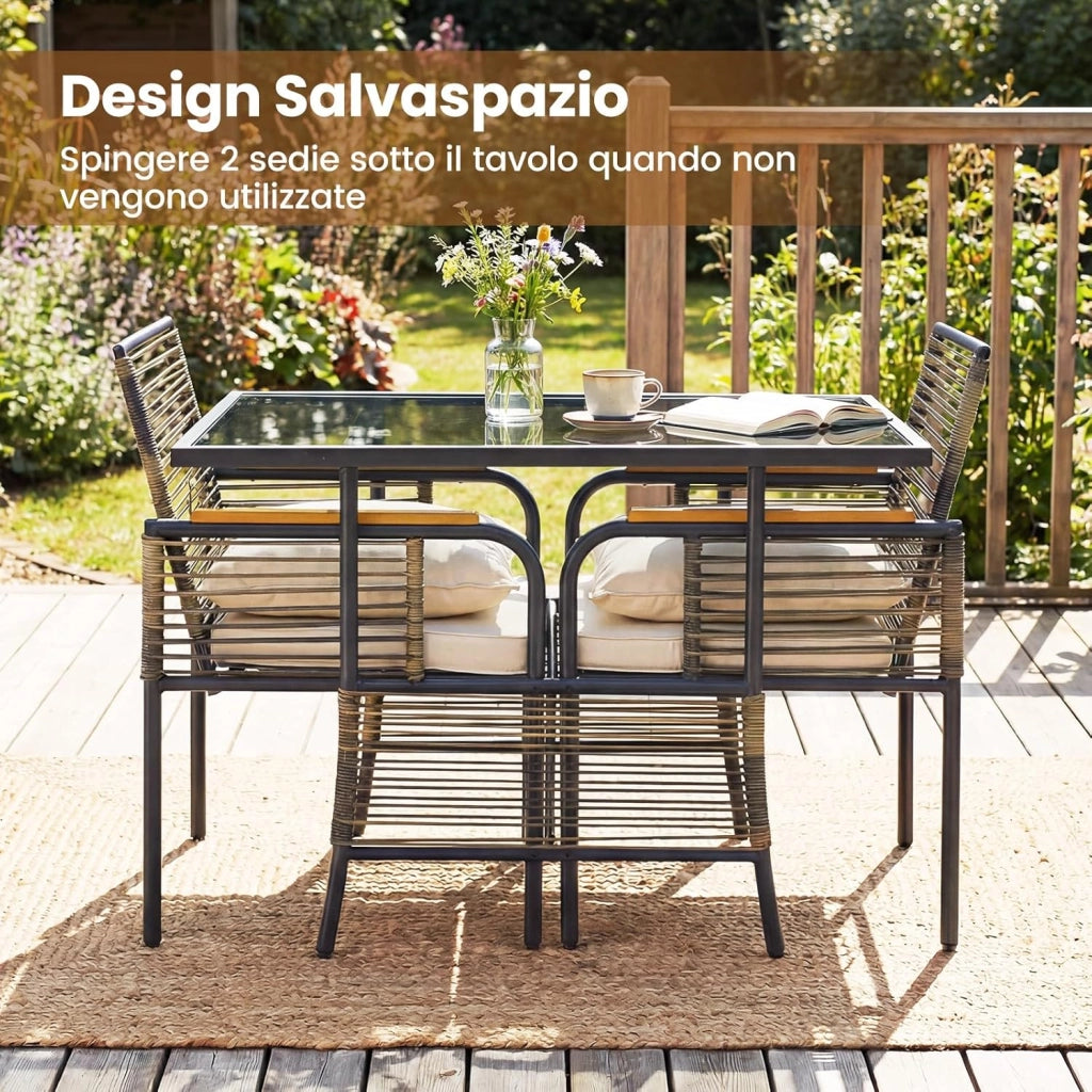 Set Salottino da Giardino in Vimini, Set di Mobili da 3 Pezzi per Esterno Salvaspazio con Cuscini, Tavolo Rettangolare e Sedie in Rattan per Balcone, Veranda, Giardino e Cortile (Beige)