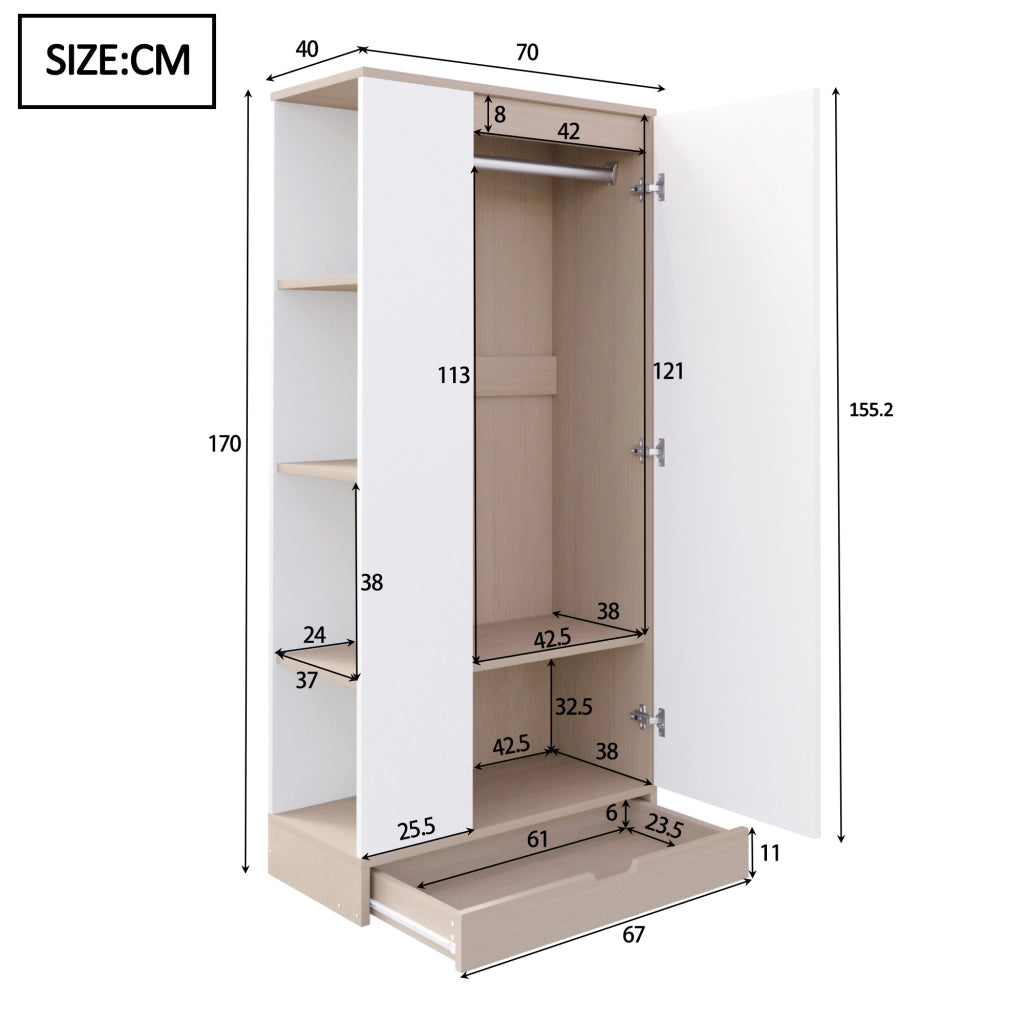 ARMADIO a 1 anta 70 x 40 x 170 cm Legno Bianco/Naturale