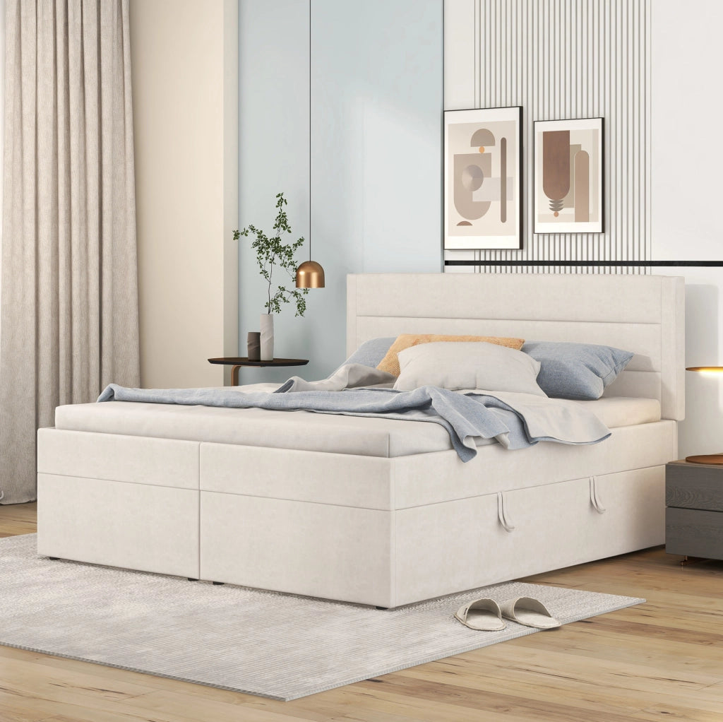 Letto matrimoniale 140x200 cm con contenitore in legno e MDF beige