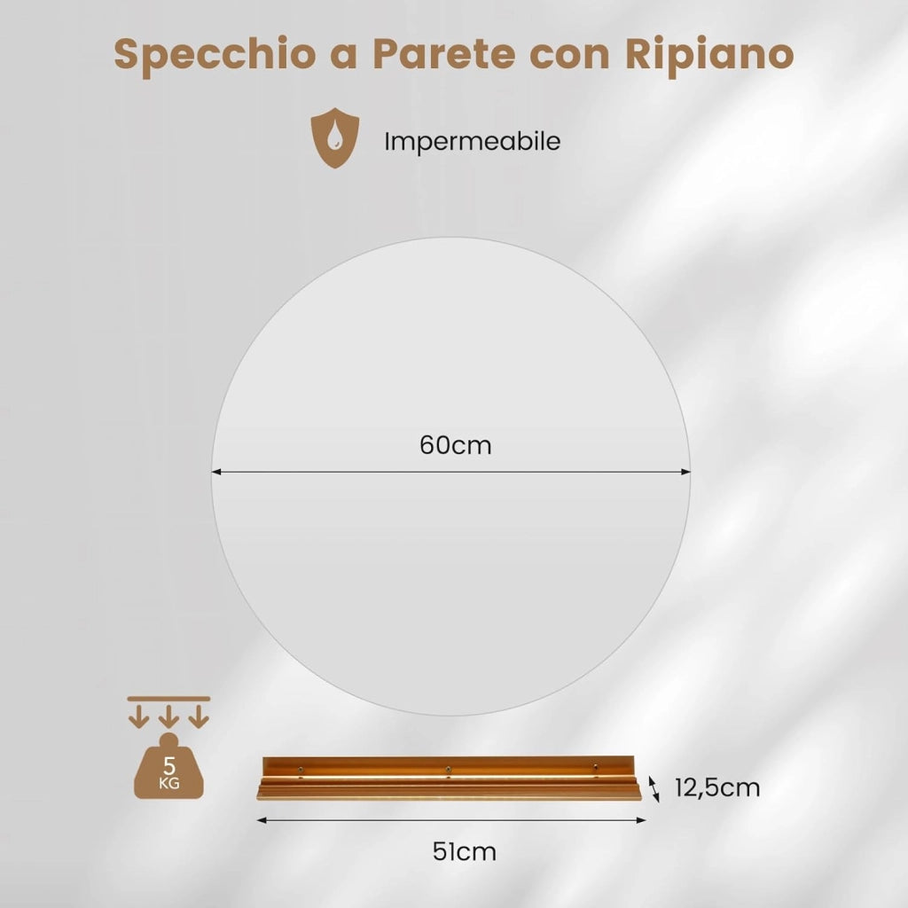 Specchio da Parete 60cm, Specchio Rotondo Bagno con Luci Led a 3 Colori, Mensola e Funzioni di Autosbrinante e di Memoria, per Soggiorno e Camera da Letto, IP44