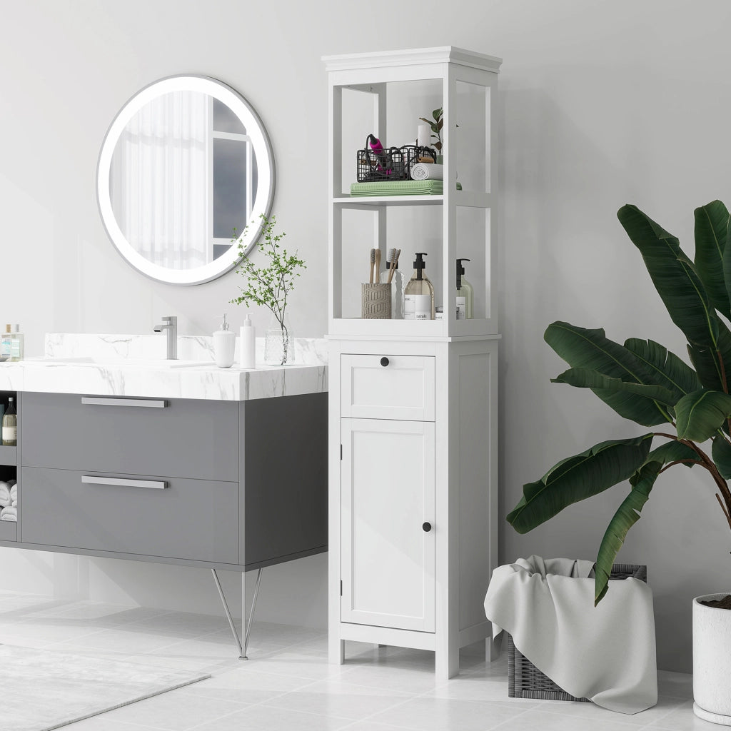 Mobile Bagno con Anta, Cassetto e Ripiano Regolabile ¨C Zephmum ¨C Bianco 40x30x165 cm