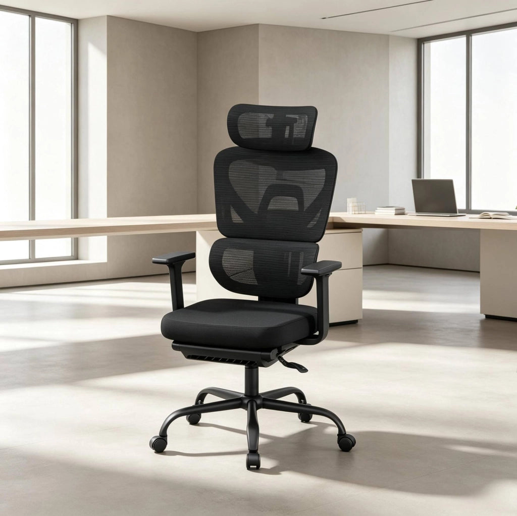 Sedia da Ufficio Ergonomica Nera con Poggiapiedi e Supporto 150 kg