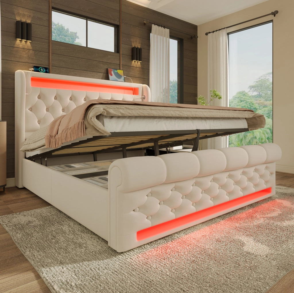 Letto imbottito matrimoniale 140x200 cm in velluto beige con LED; USB e Type-C; contenitore idraulico