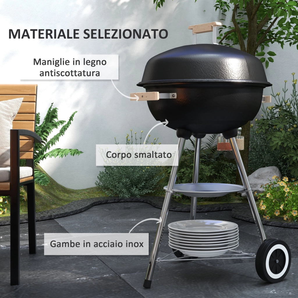 Barbecue a Carbonella con Griglia in Acciaio, Coperchio e Ruote ¨C zephmum ¨C Nero