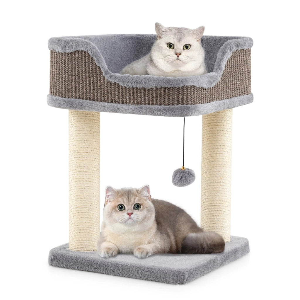 Albero per gatti da interno con palla pendente, Torretta per gatti con posatoio in peluche e pali graffianti in sisal Grigio-Alberi Tiragraffi