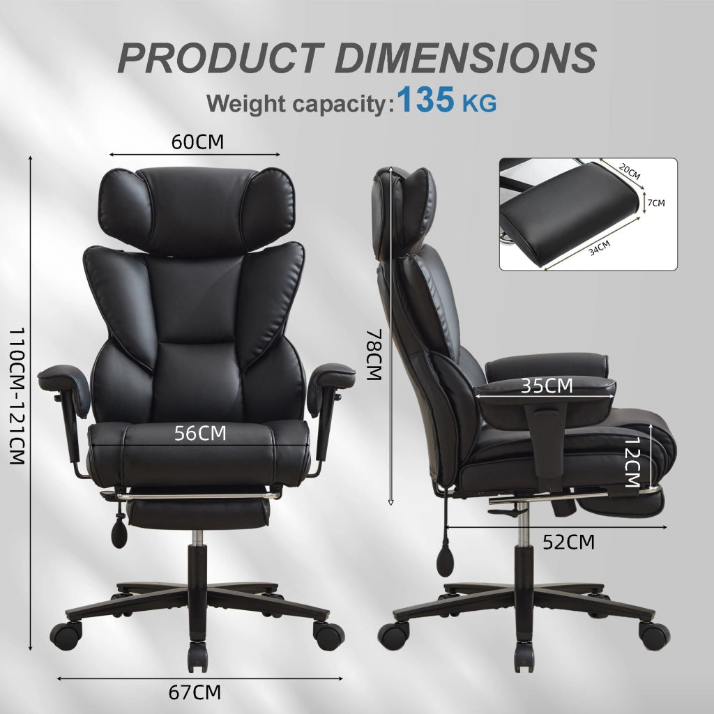 Sedia da ufficio ergonomica con supporto lombare regolabile e schienale reclinabile in pelle PU nera