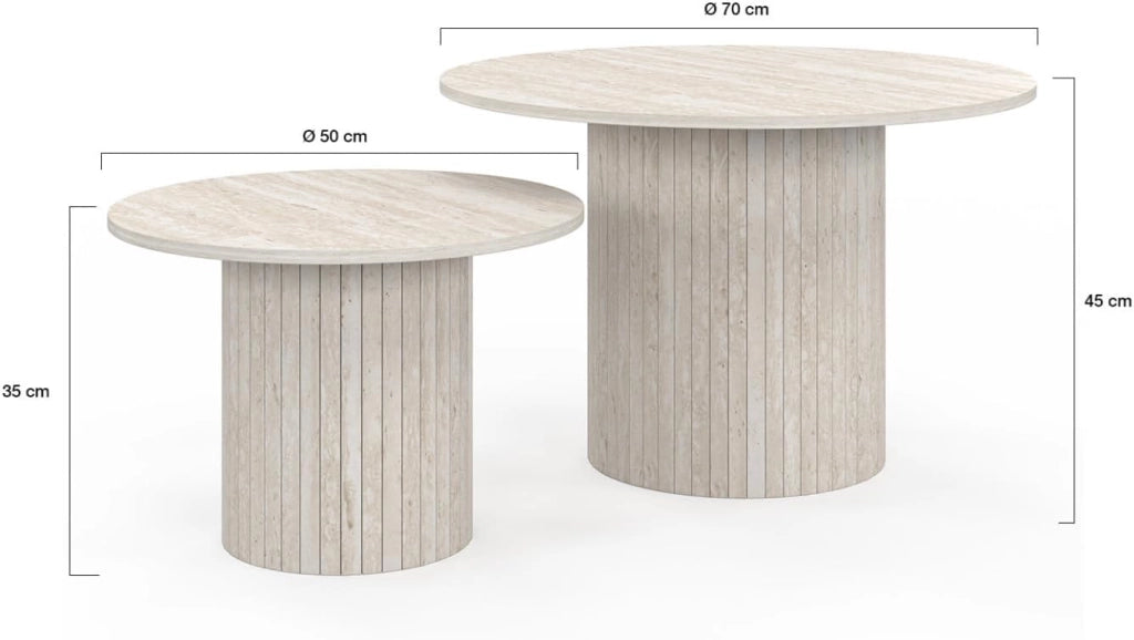 Set di 2 tavolini estraibili Juliette tondi 50/70 effetto stecche travertino