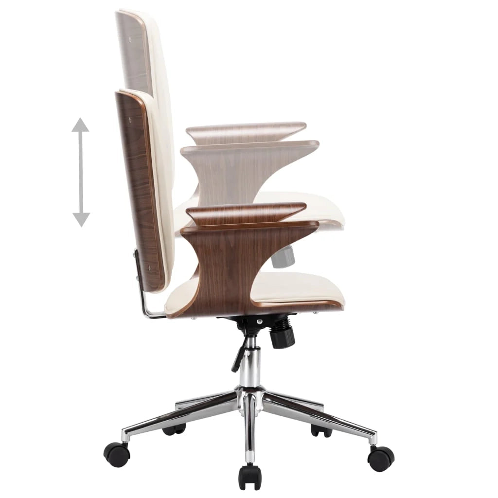 Sedia girevole da ufficio/studio color crema in similpelle e legno curvato adatta all'uso con il computer. 02_0024097