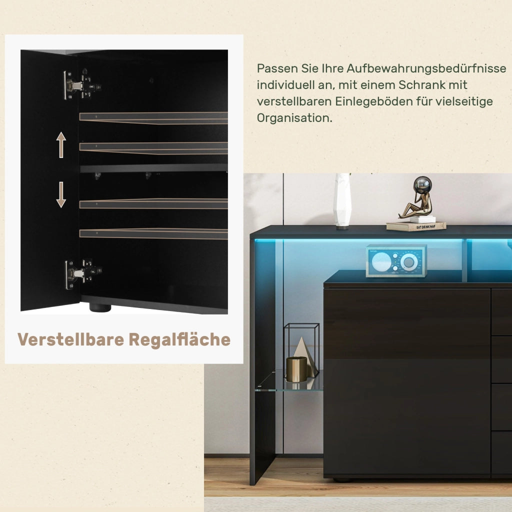 Sideboard LED 160 cm nero lucido con 2 ante e 4 cassetti