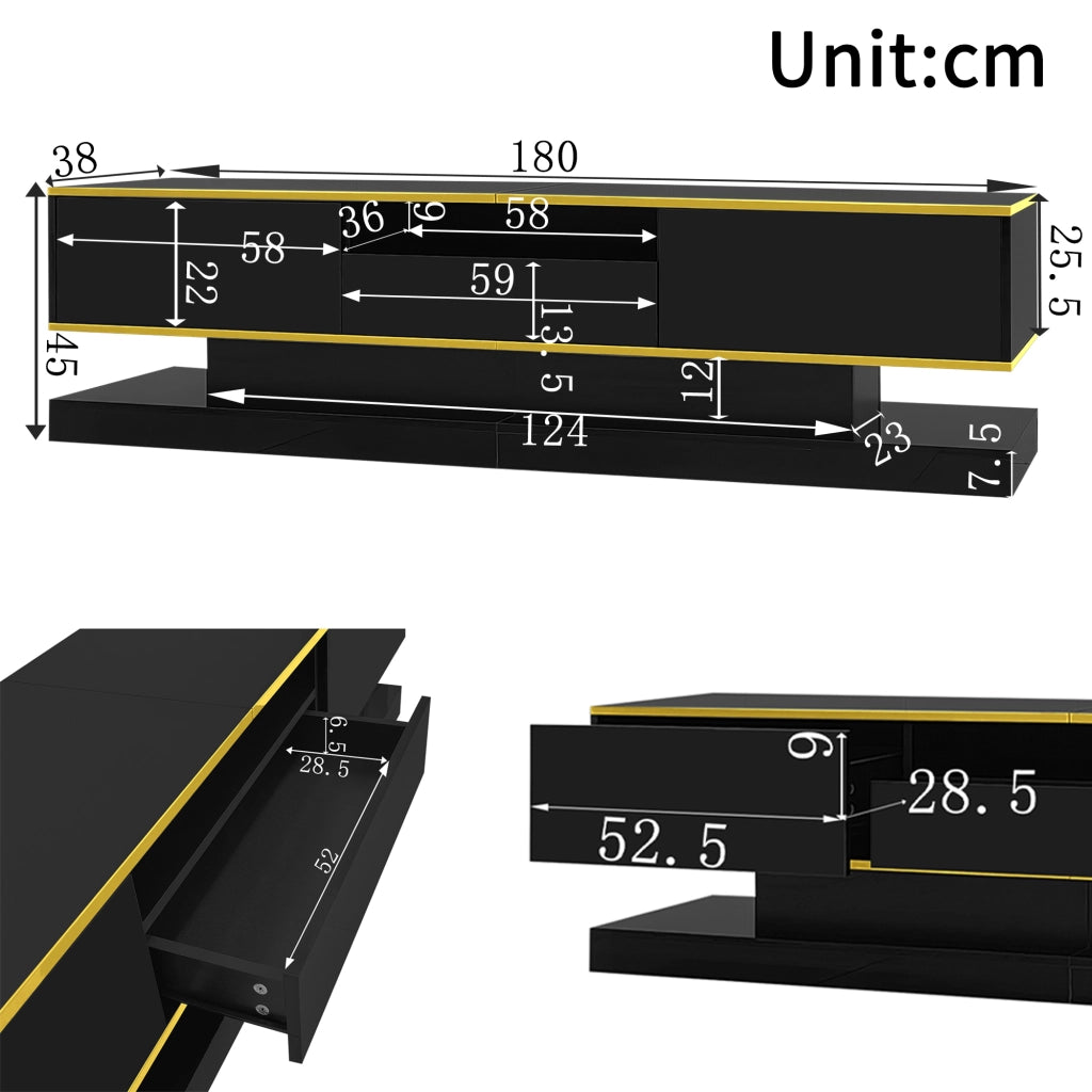Mobile TV moderno con 3 cassetti; vano aperto e LED 180x38x45 cm nero e oro