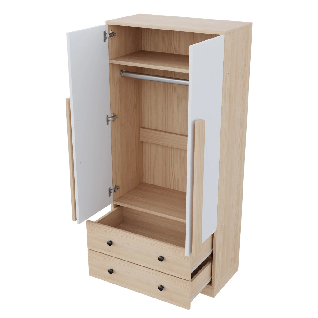Armadio a doppia anta 70 x 40 x 170 cm con 2 cassetti; naturale e bianco