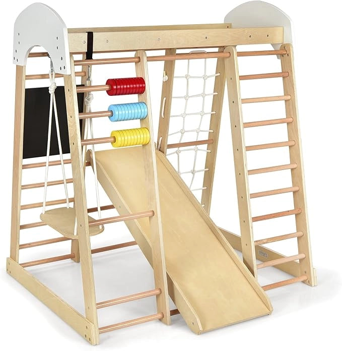 Set Arrampicata 8 in 1 per Bambini, Rocce da Arrampicata e Scala, con Scivolo Rete da Arrampicata, Barra Orizzontale, Centro attività di Legno per Bambini 3 Anni + (Stile 1 Naturale)